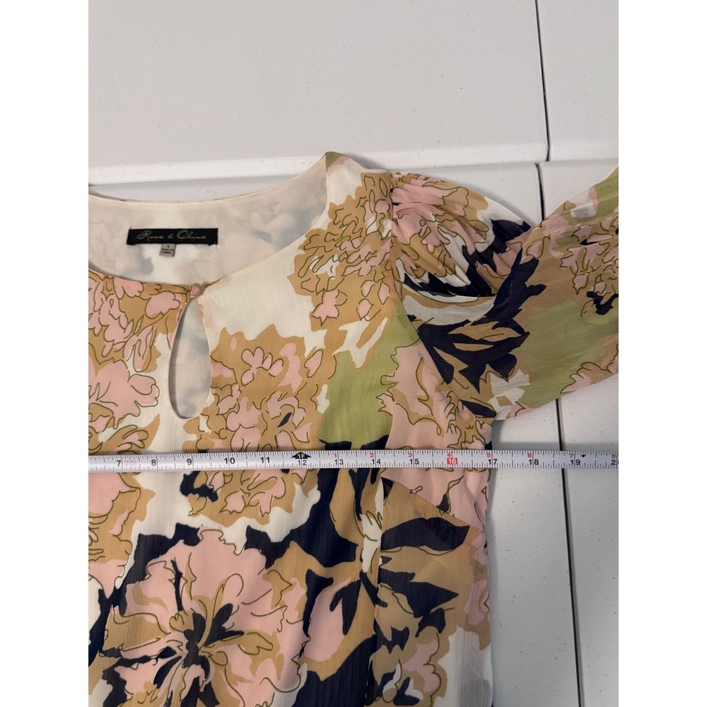 Rose & Olive Floral Pleated Bell Sleeve Blouse Boho Keyhole Top Small Pink Green - Picture 6 of 7
